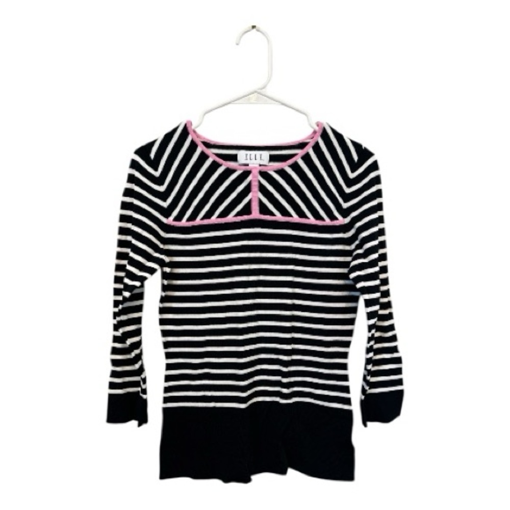 Elle Black and White Striped Top with Pink Trim Size Small